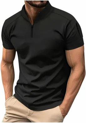 Mens Casual Business 1/4 Zipper Shirts Short Sleeve Stand Collar Muscle Pullover Tops Outdoor Athletic Golf Shirt