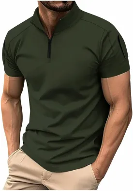 Mens Casual Business 1/4 Zipper Shirts Short Sleeve Stand Collar Muscle Pullover Tops Outdoor Athletic Golf Shirt