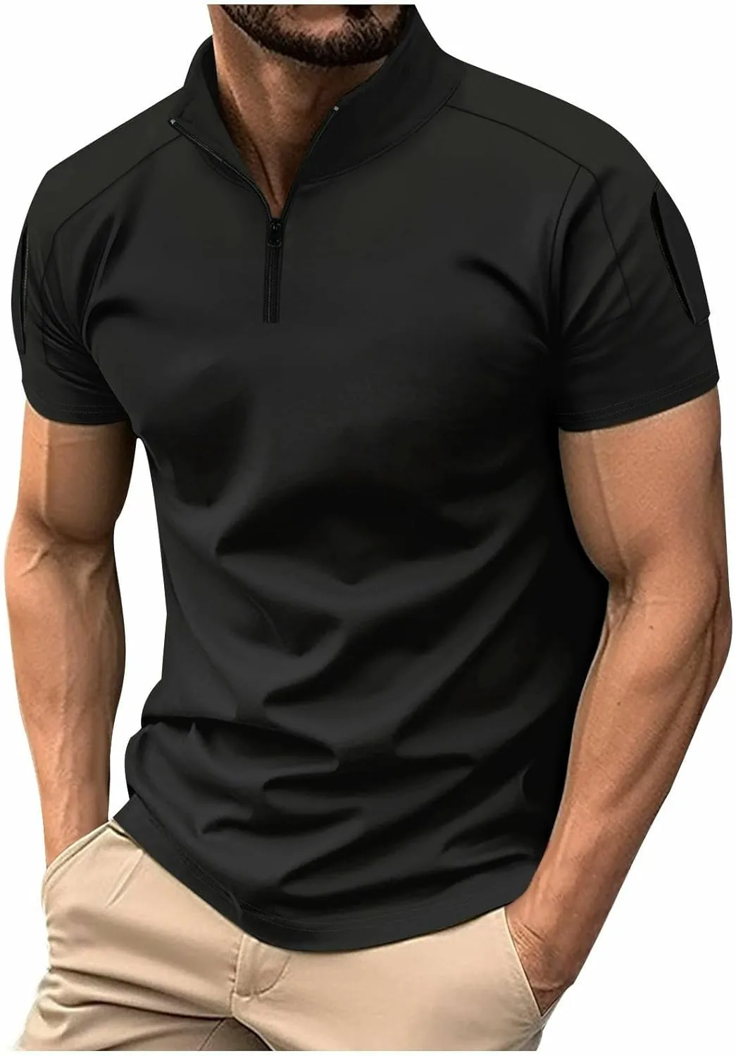 Mens Casual Business 1/4 Zipper Shirts Short Sleeve Stand Collar Muscle Pullover Tops Outdoor Athletic Golf Shirt