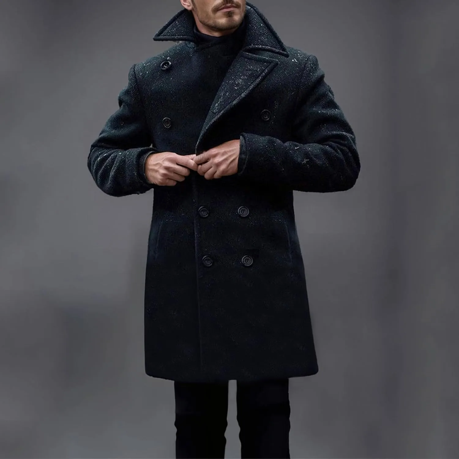 Men's Trench Coat Loose Fit Double Breasted Wool Blend Jacket Notched Lapels Winter Pea Coat Business Solid Overcoat