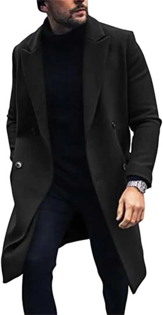 Men's Wool Blend Pea Coat Notched Collar Double Breasted Overcoat Warm Winter Trench Coat