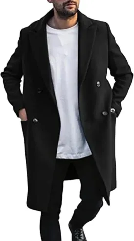 Men's Wool Blend Pea Coat Notched Collar Double Breasted Overcoat Warm Winter Trench Coat