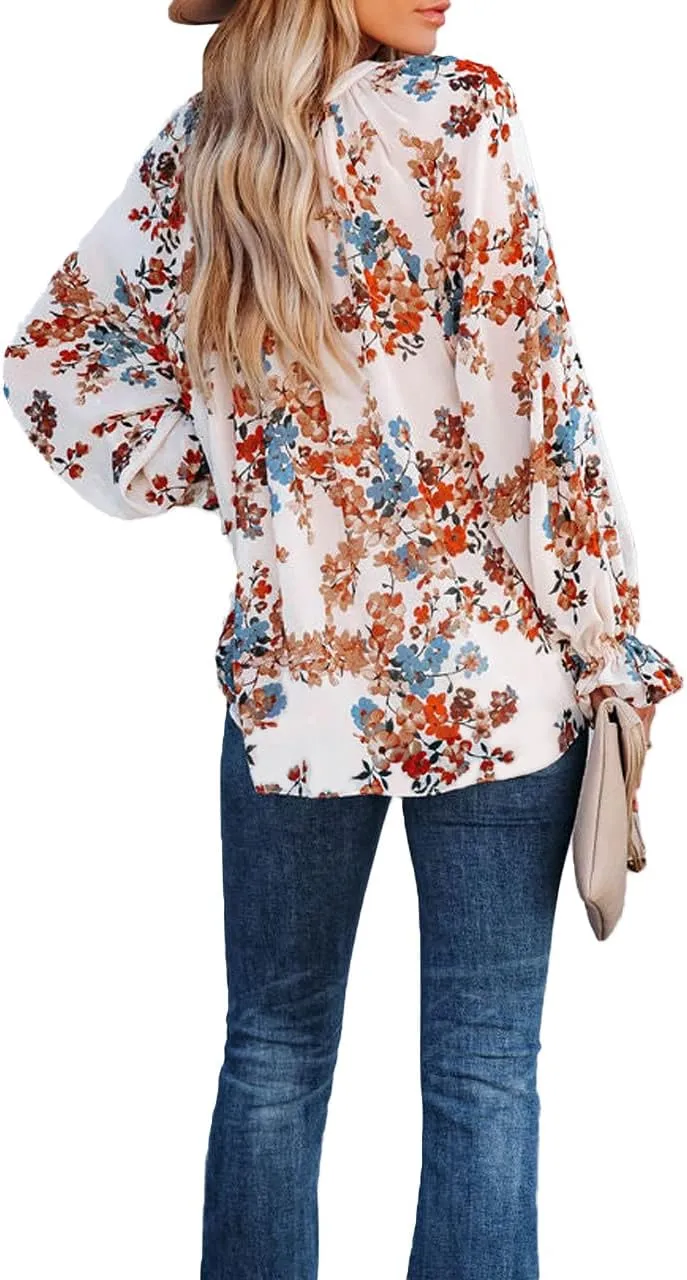 MLEBR Womens Blouses Fashion Long Sleeve V Neck Loose Casual Floral Leopard Printed Chiffon Blouses Tops and T Shirts
