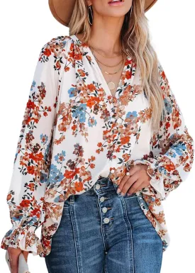 MLEBR Womens Blouses Fashion Long Sleeve V Neck Loose Casual Floral Leopard Printed Chiffon Blouses Tops and T Shirts