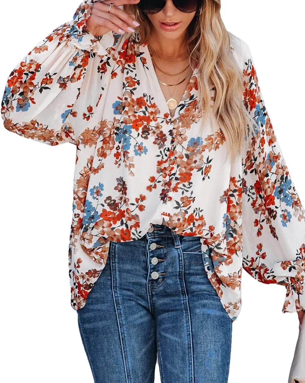 MLEBR Womens Blouses Fashion Long Sleeve V Neck Loose Casual Floral Leopard Printed Chiffon Blouses Tops and T Shirts