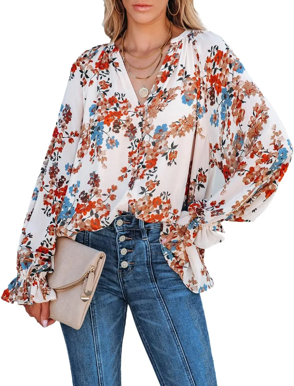 MLEBR Womens Blouses Fashion Long Sleeve V Neck Loose Casual Floral Leopard Printed Chiffon Blouses Tops and T Shirts
