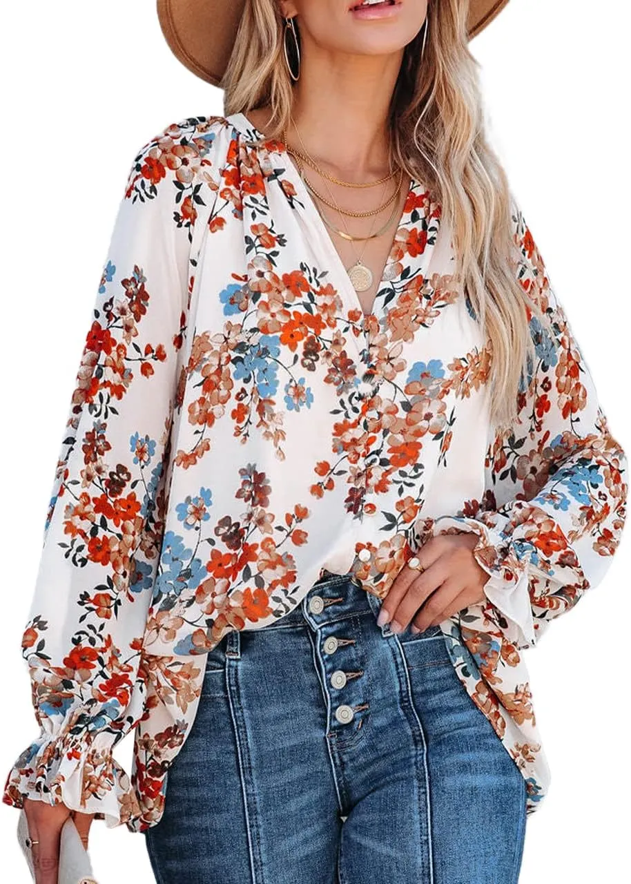 MLEBR Womens Blouses Fashion Long Sleeve V Neck Loose Casual Floral Leopard Printed Chiffon Blouses Tops and T Shirts