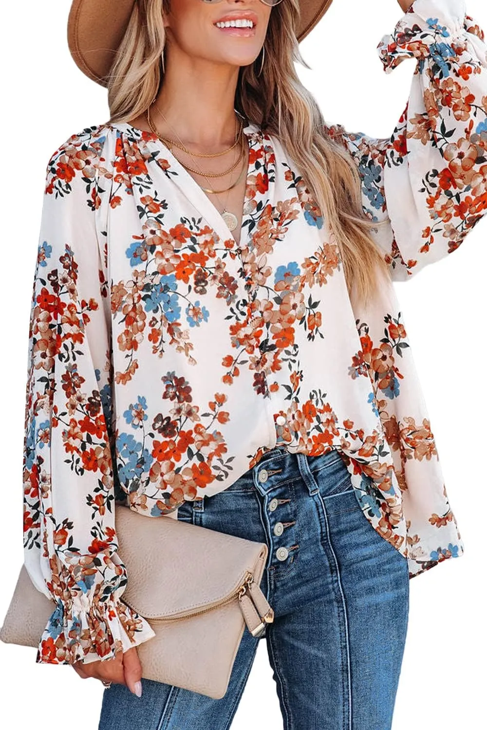 MLEBR Womens Blouses Fashion Long Sleeve V Neck Loose Casual Floral Leopard Printed Chiffon Blouses Tops and T Shirts