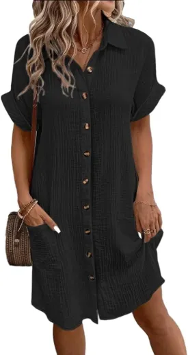 Mywinway Linen Dresses for Women Spring Summer V Neck Lapel Collar Short Sleeve Button Down Up Cute Midi Shirt Dress