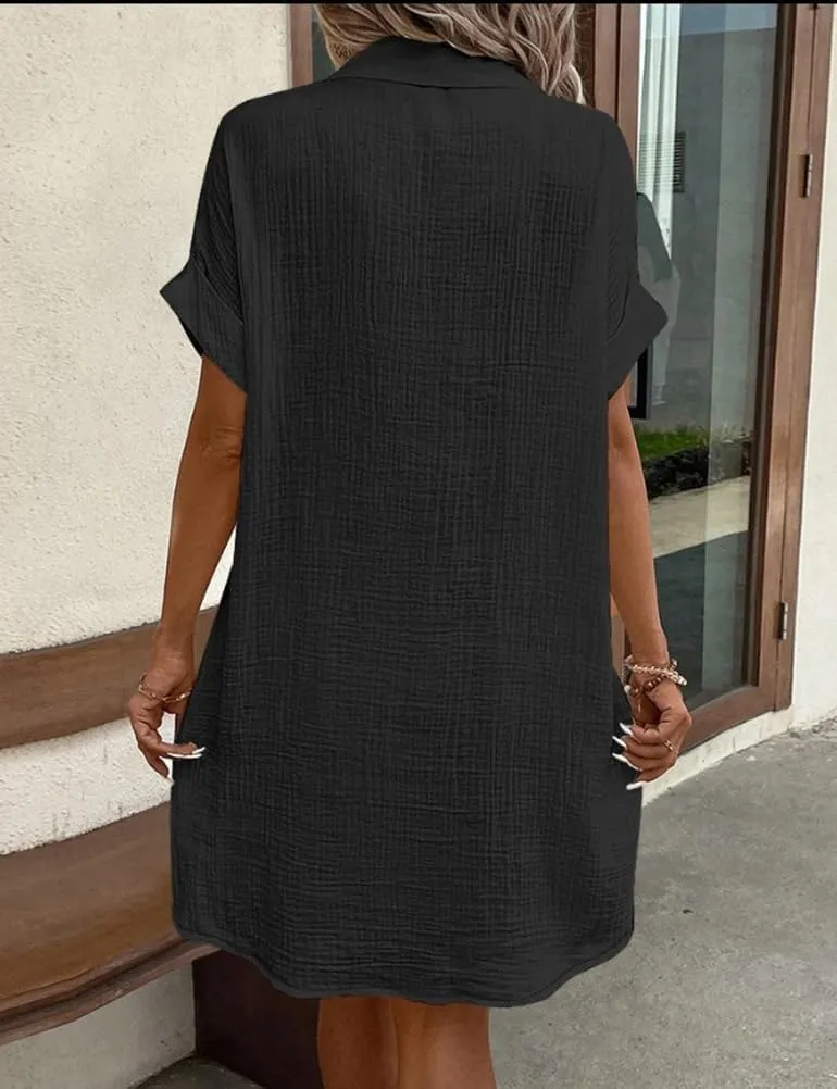 Mywinway Linen Dresses for Women Spring Summer V Neck Lapel Collar Short Sleeve Button Down Up Cute Midi Shirt Dress