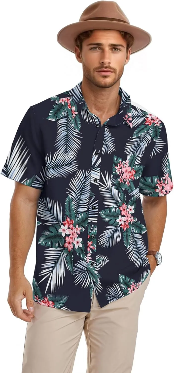 PEGENO Men's Flower Casual Button Down Short Sleeve Hawaiian Shirt