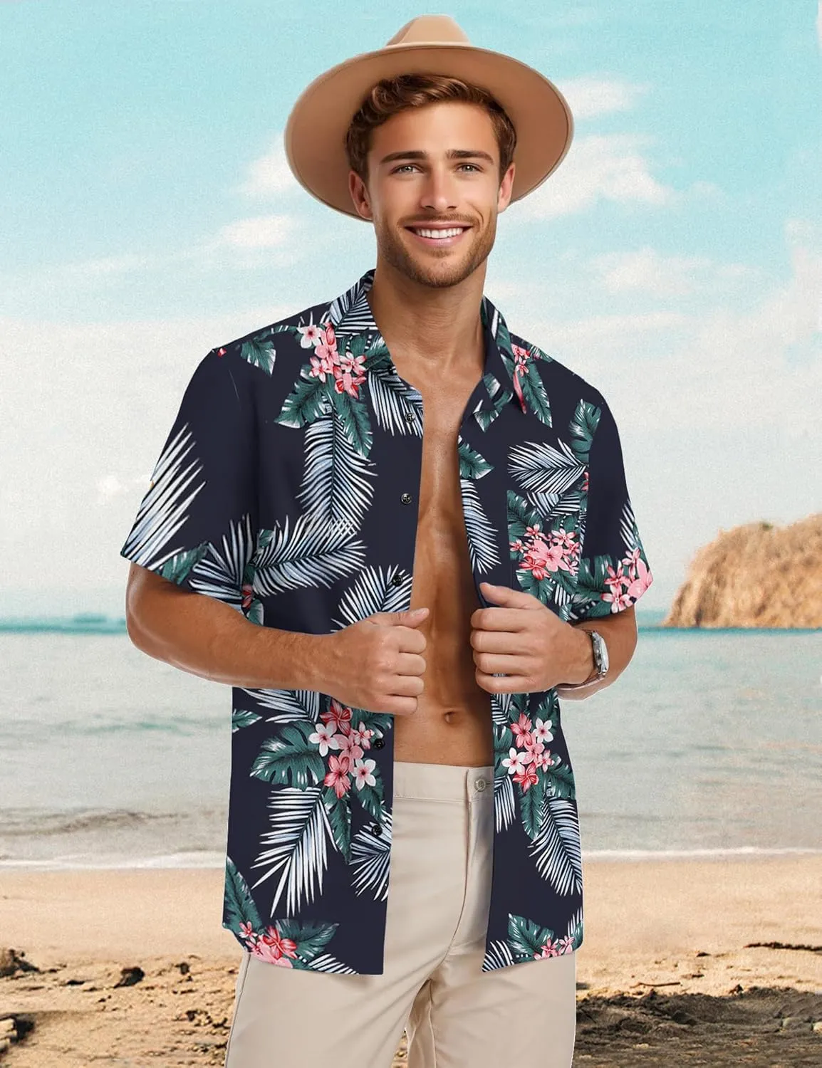 PEGENO Men's Flower Casual Button Down Short Sleeve Hawaiian Shirt