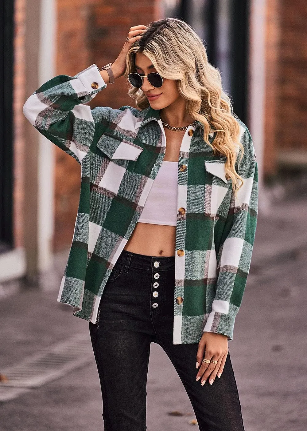 PRETTYGARDEN Women's Fall Clothes Plaid Shacket Jacket Trendy Casual Long Sleeve Button Down Flannel Shirts Fashion Blouse