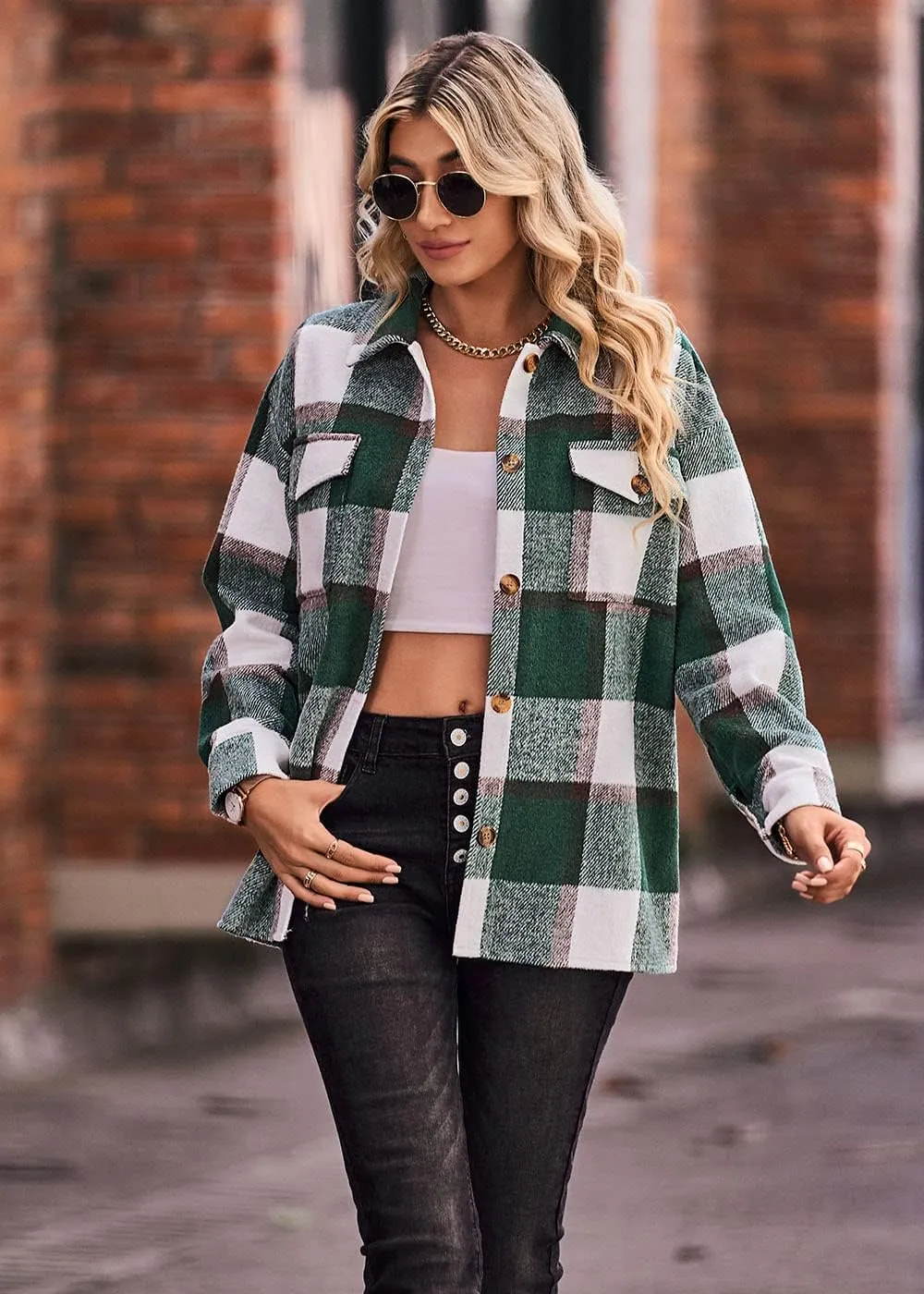 PRETTYGARDEN Women's Fall Clothes Plaid Shacket Jacket Trendy Casual Long Sleeve Button Down Flannel Shirts Fashion Blouse
