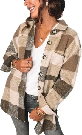 PRETTYGARDEN Women's Fall Clothes Plaid Shacket Jacket Trendy Casual Long Sleeve Button Down Flannel Shirts Fashion Blouse