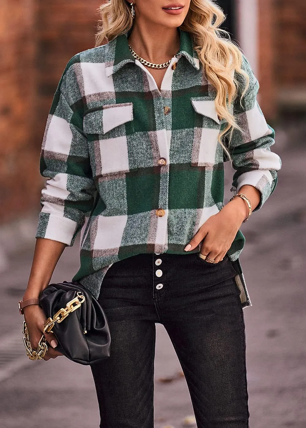 PRETTYGARDEN Women's Fall Clothes Plaid Shacket Jacket Trendy Casual Long Sleeve Button Down Flannel Shirts Fashion Blouse