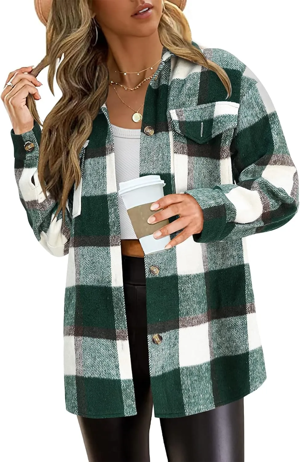 PRETTYGARDEN Women's Fall Clothes Plaid Shacket Jacket Trendy Casual Long Sleeve Button Down Flannel Shirts Fashion Blouse