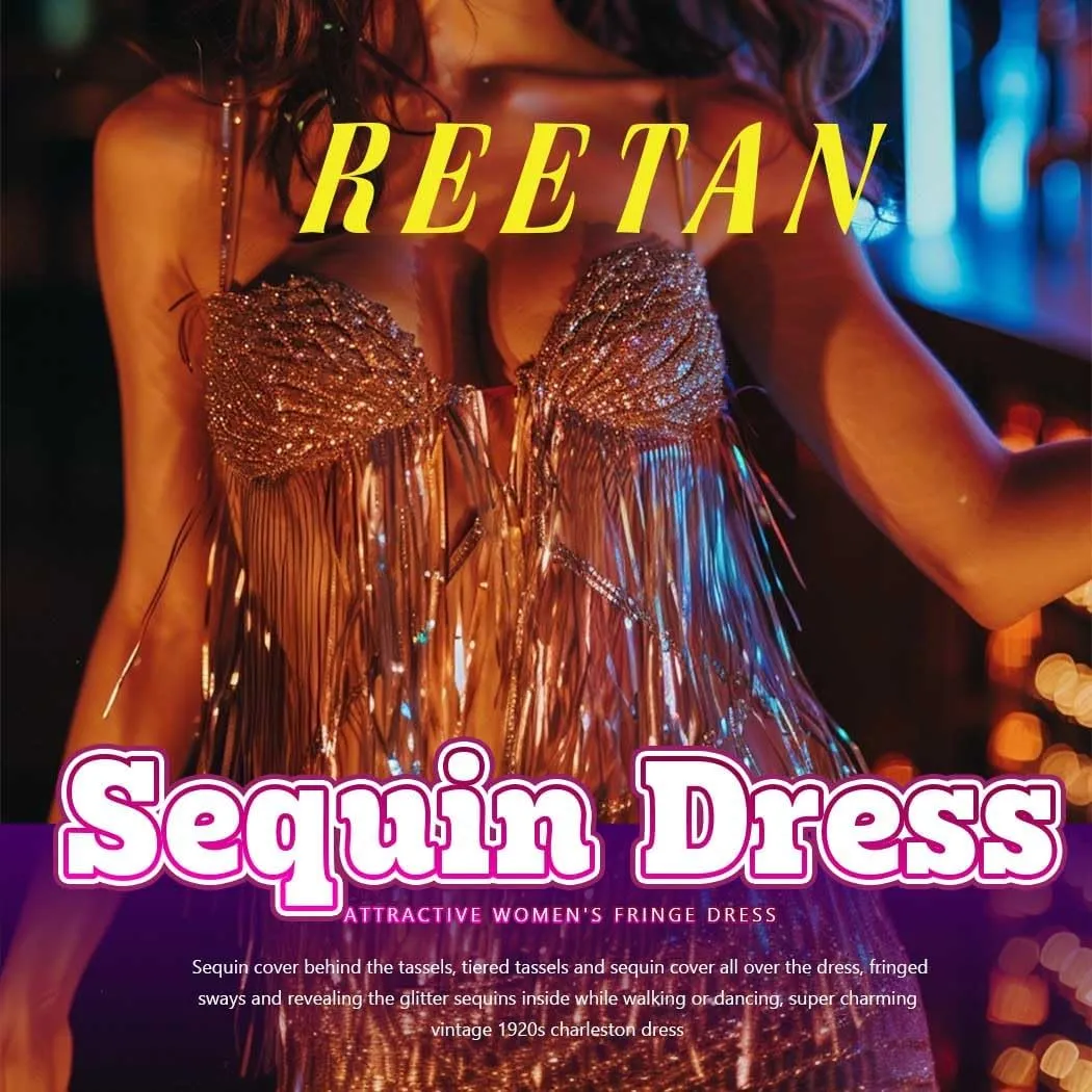 REETAN Latin Dance Dress Fringe Sequin Costume for Women