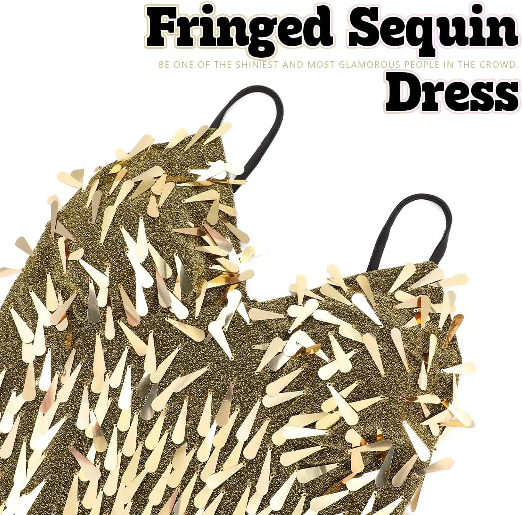 REETAN Latin Dance Dress Fringe Sequin Costume for Women