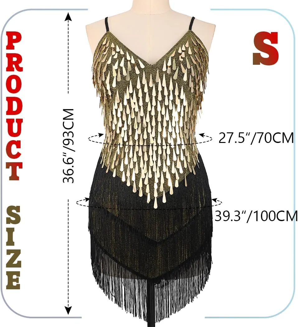 REETAN Latin Dance Dress Fringe Sequin Costume for Women