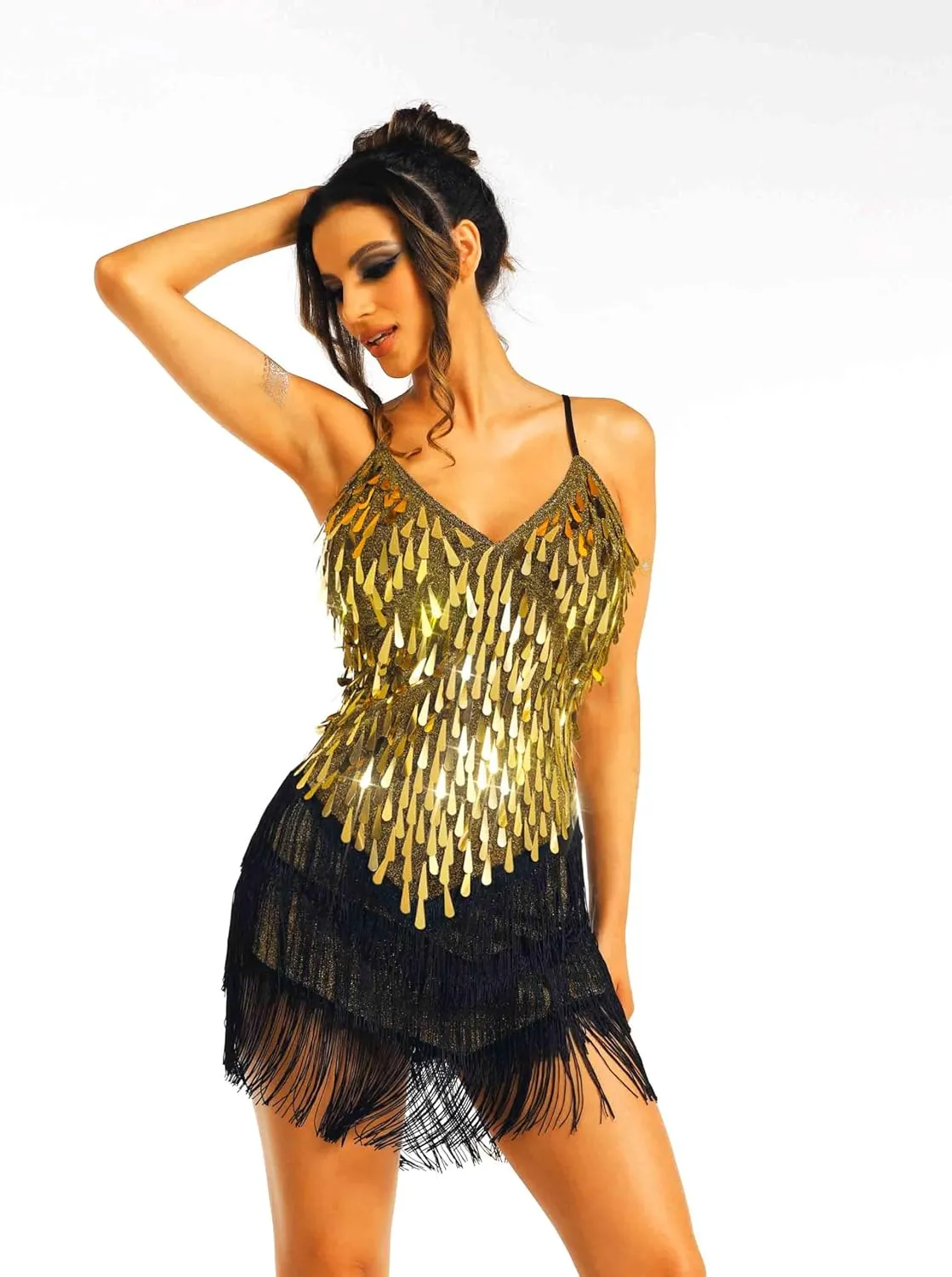 REETAN Latin Dance Dress Fringe Sequin Costume for Women