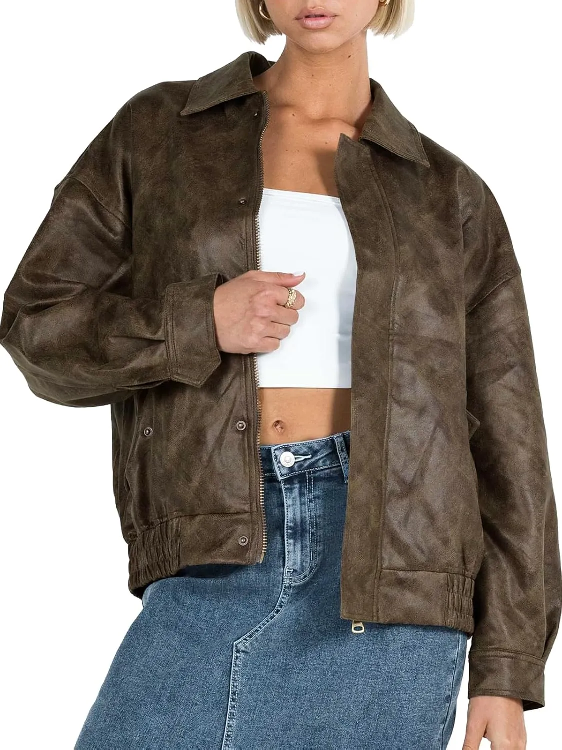 Tankaneo Womens Oversized Leather Jackets Trendy Zip up Bomber Motorcycle Coat 2025 Going out Outfits