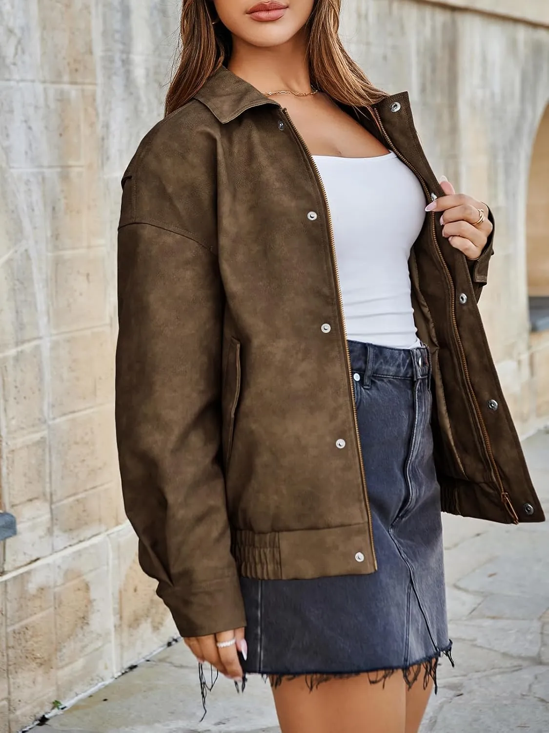 Tankaneo Womens Oversized Leather Jackets Trendy Zip up Bomber Motorcycle Coat 2025 Going out Outfits