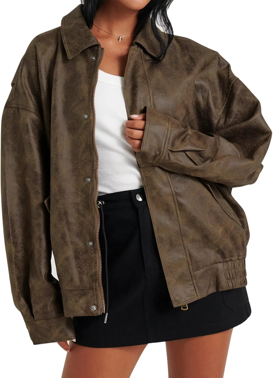 Tankaneo Womens Oversized Leather Jackets Trendy Zip up Bomber Motorcycle Coat 2025 Going out Outfits