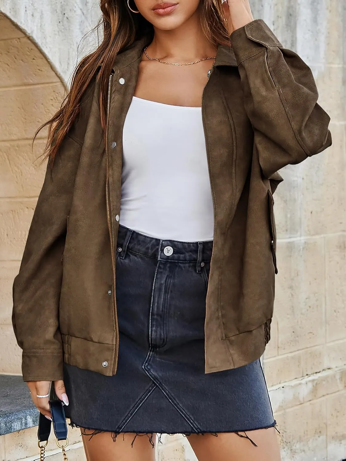 Tankaneo Womens Oversized Leather Jackets Trendy Zip up Bomber Motorcycle Coat 2025 Going out Outfits