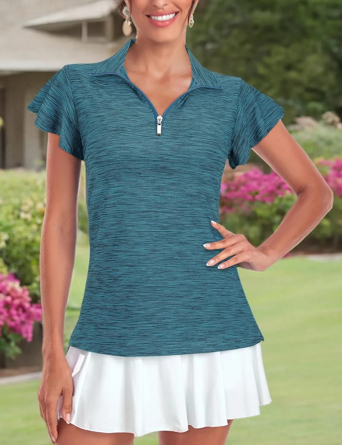 Tanst Sky Women's Golf Polo Shirts Zip Up Ruffles Short Sleeve Workout Tops Quick Dry