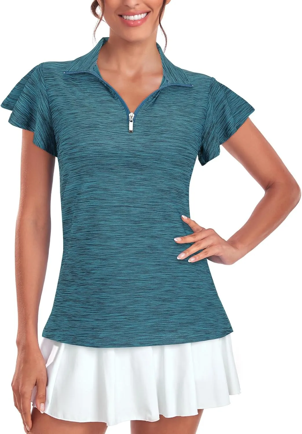 Tanst Sky Women's Golf Polo Shirts Zip Up Ruffles Short Sleeve Workout Tops Quick Dry