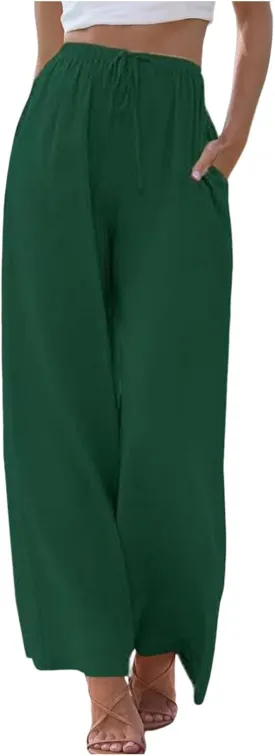 Wide Leg Linen Flowy Pants Women Palazzo Beach Casual Loose Trousers Drawstring Boho Summer Pants with Pockets