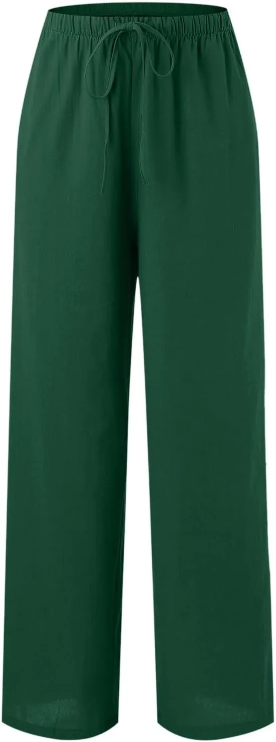 Wide Leg Linen Flowy Pants Women Palazzo Beach Casual Loose Trousers Drawstring Boho Summer Pants with Pockets
