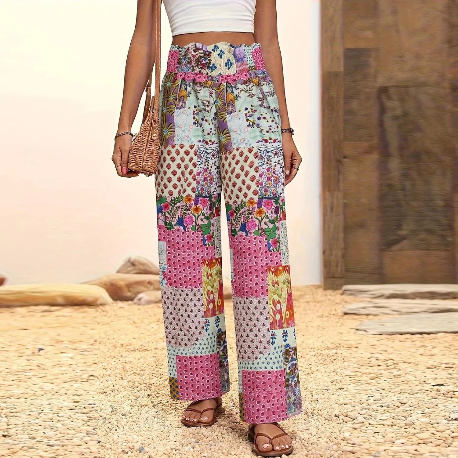 Wide Leg Linen Pants for Women Casual Summer Boho Flowy Palazzo Pants Y2k Baggy High Waist Pleated Travel Beach Pant