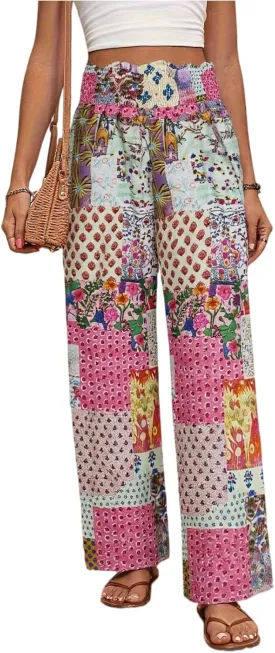 Wide Leg Linen Pants for Women Casual Summer Boho Flowy Palazzo Pants Y2k Baggy High Waist Pleated Travel Beach Pant