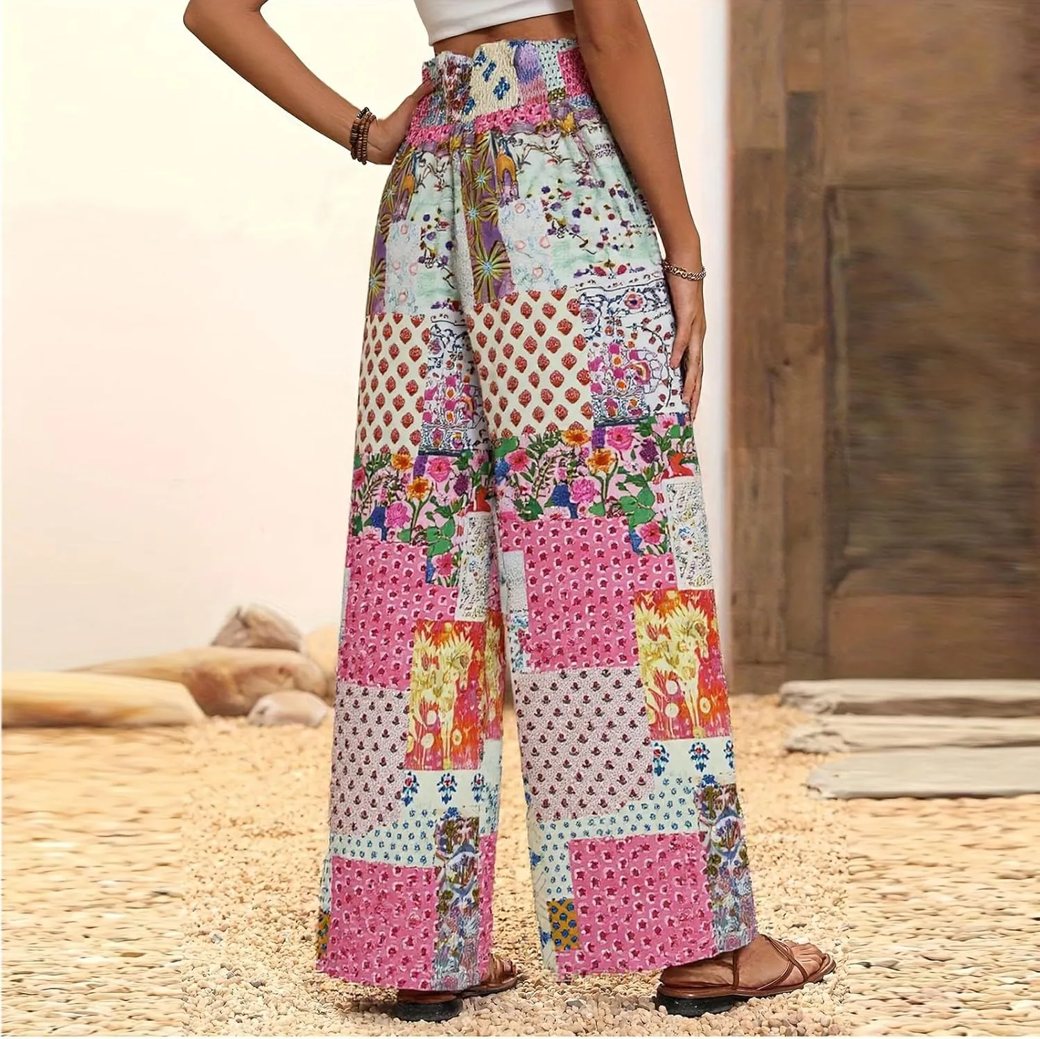 Wide Leg Linen Pants for Women Casual Summer Boho Flowy Palazzo Pants Y2k Baggy High Waist Pleated Travel Beach Pant