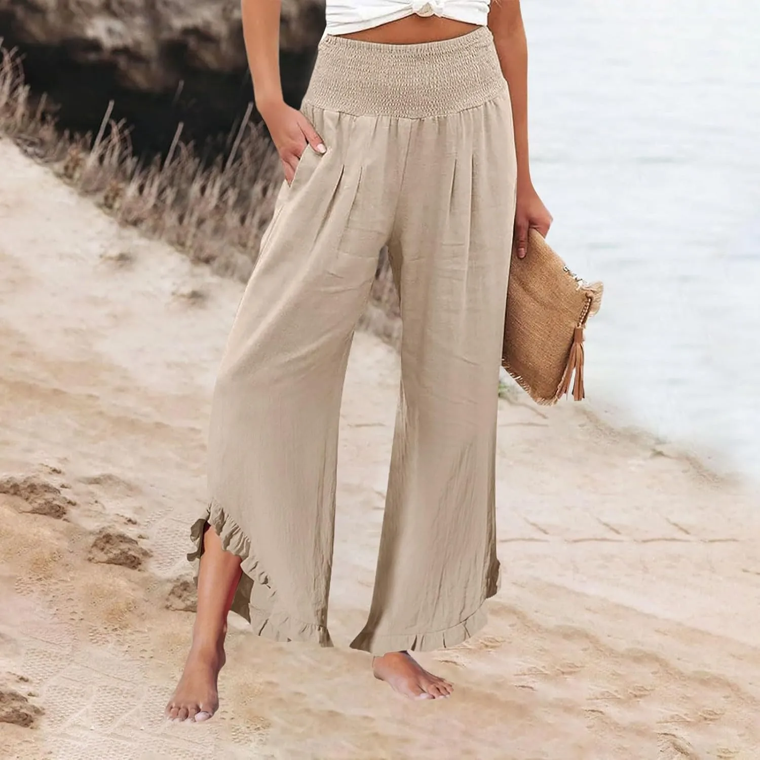 Wide Leg Pants Woman Flowy 2025 Summer Palazzo Trousers Dressy Cotton Linen Boho Long Pant Lounge with Pockets