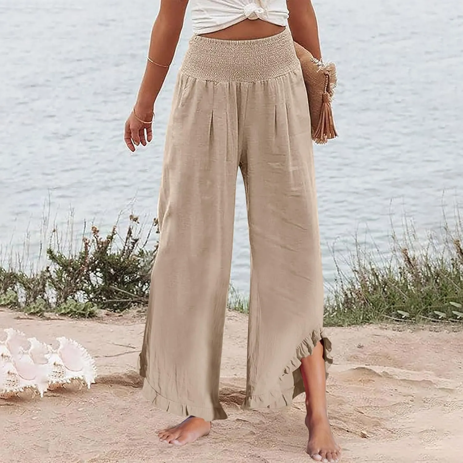 Wide Leg Pants Woman Flowy 2025 Summer Palazzo Trousers Dressy Cotton Linen Boho Long Pant Lounge with Pockets