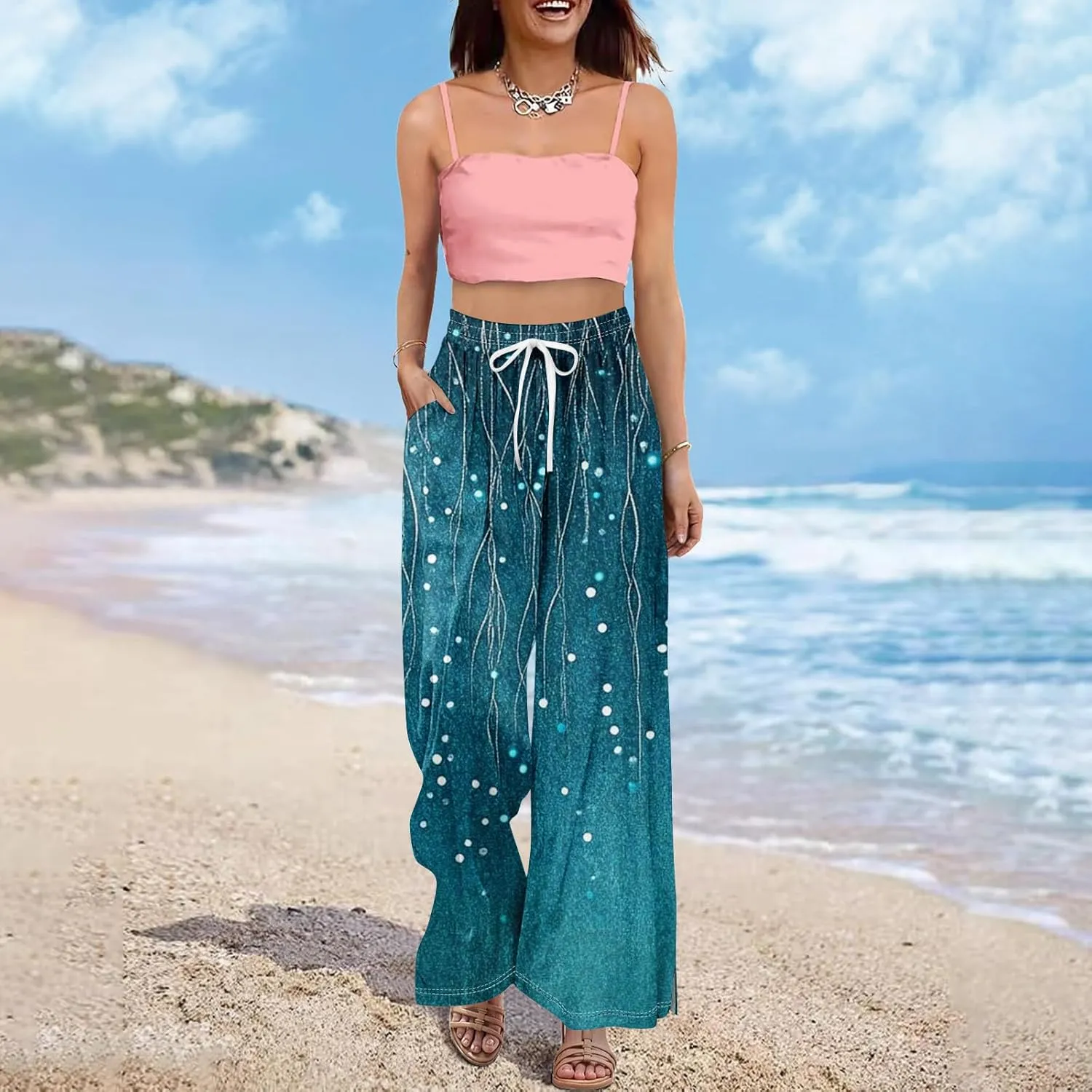 Women Summer Boho Palazzo Pants High Waist Wide Leg Floral Casual Trendy Lounge Trousers with Pockets