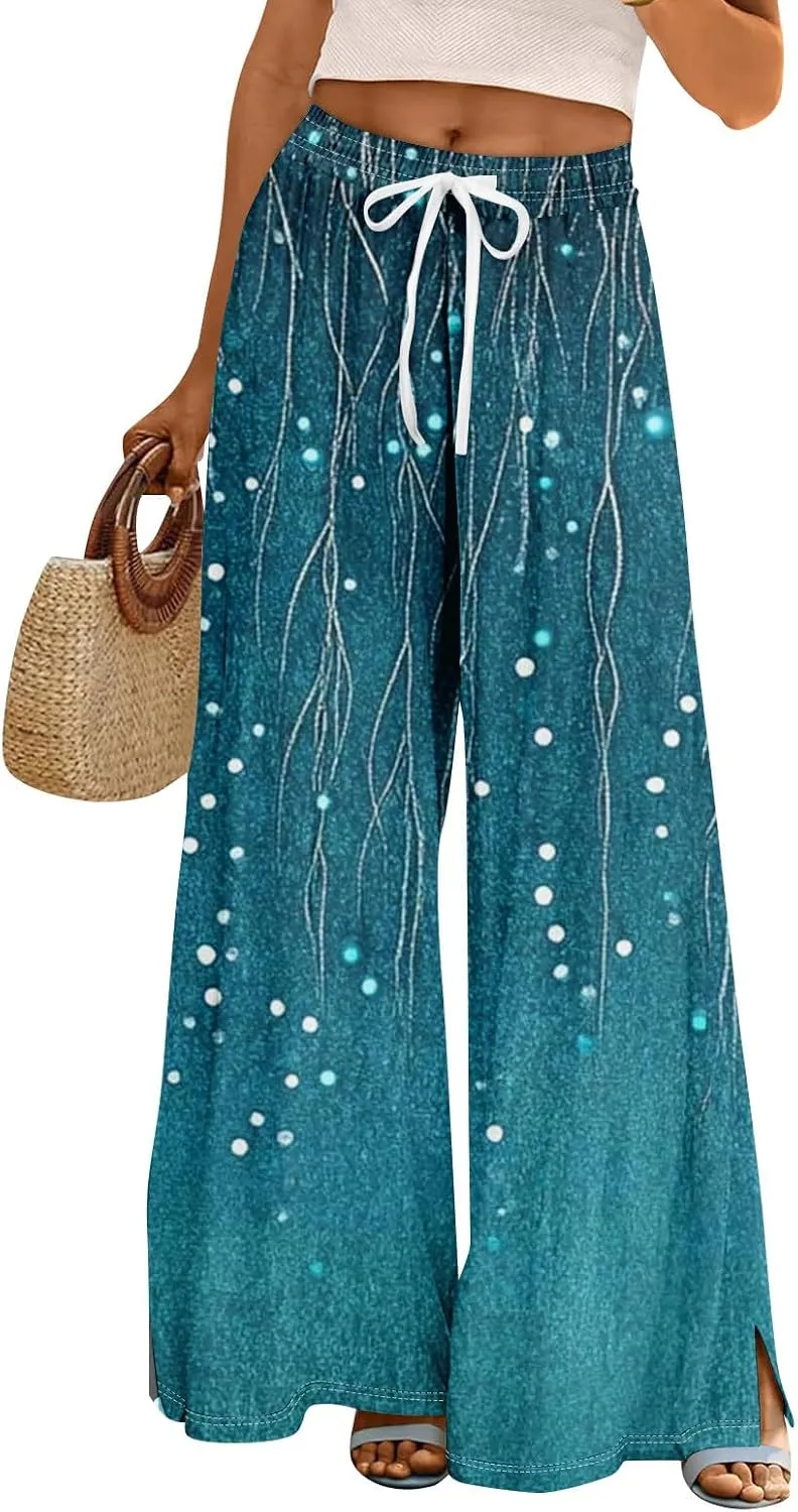 Women Summer Boho Palazzo Pants High Waist Wide Leg Floral Casual Trendy Lounge Trousers with Pockets