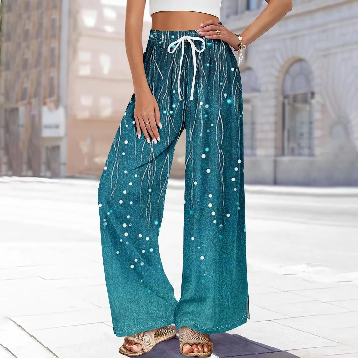 Women Summer Boho Palazzo Pants High Waist Wide Leg Floral Casual Trendy Lounge Trousers with Pockets