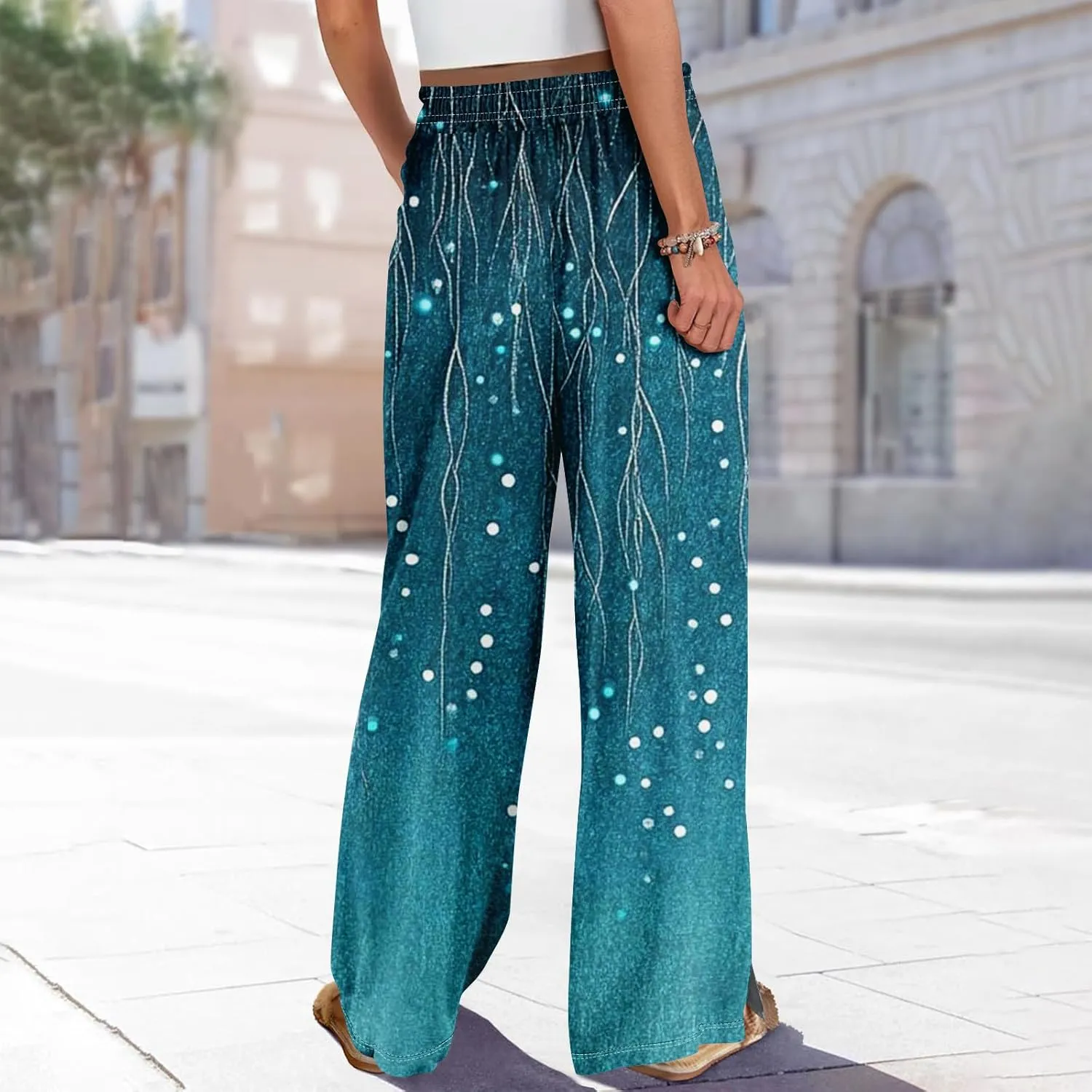 Women Summer Boho Palazzo Pants High Waist Wide Leg Floral Casual Trendy Lounge Trousers with Pockets