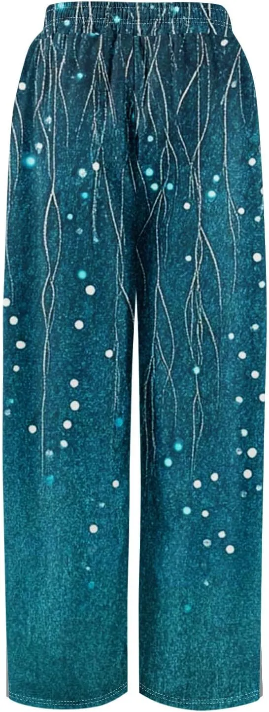 Women Summer Boho Palazzo Pants High Waist Wide Leg Floral Casual Trendy Lounge Trousers with Pockets