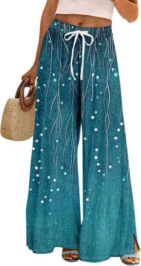 Women Summer Boho Palazzo Pants High Waist Wide Leg Floral Casual Trendy Lounge Trousers with Pockets