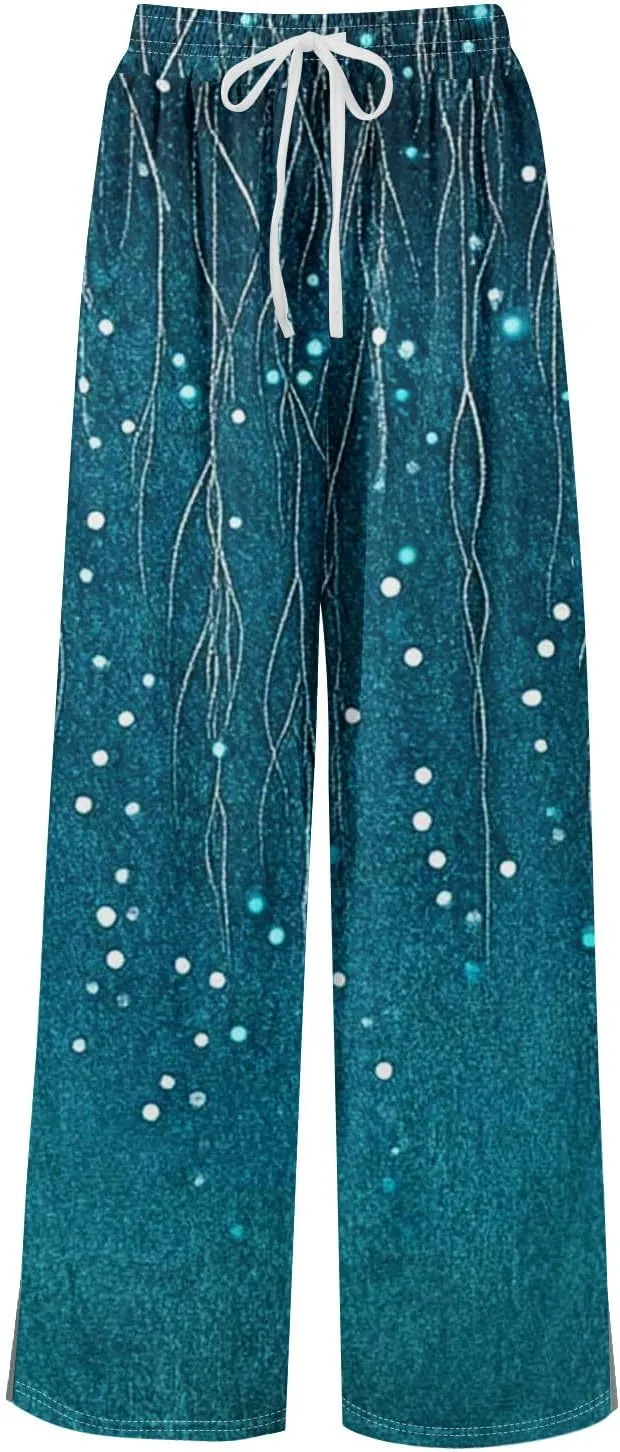 Women Summer Boho Palazzo Pants High Waist Wide Leg Floral Casual Trendy Lounge Trousers with Pockets