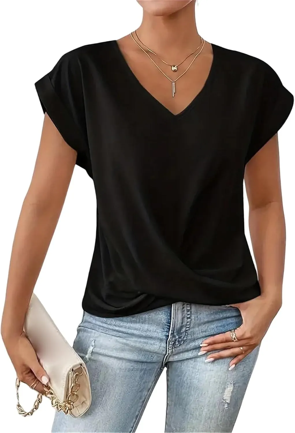 Womens 2025 Summer Tops V Neck Casual Twist Front Blouses Short Sleeve Tshirts Loose Fit Tunic Tops Basic Tee Shirts