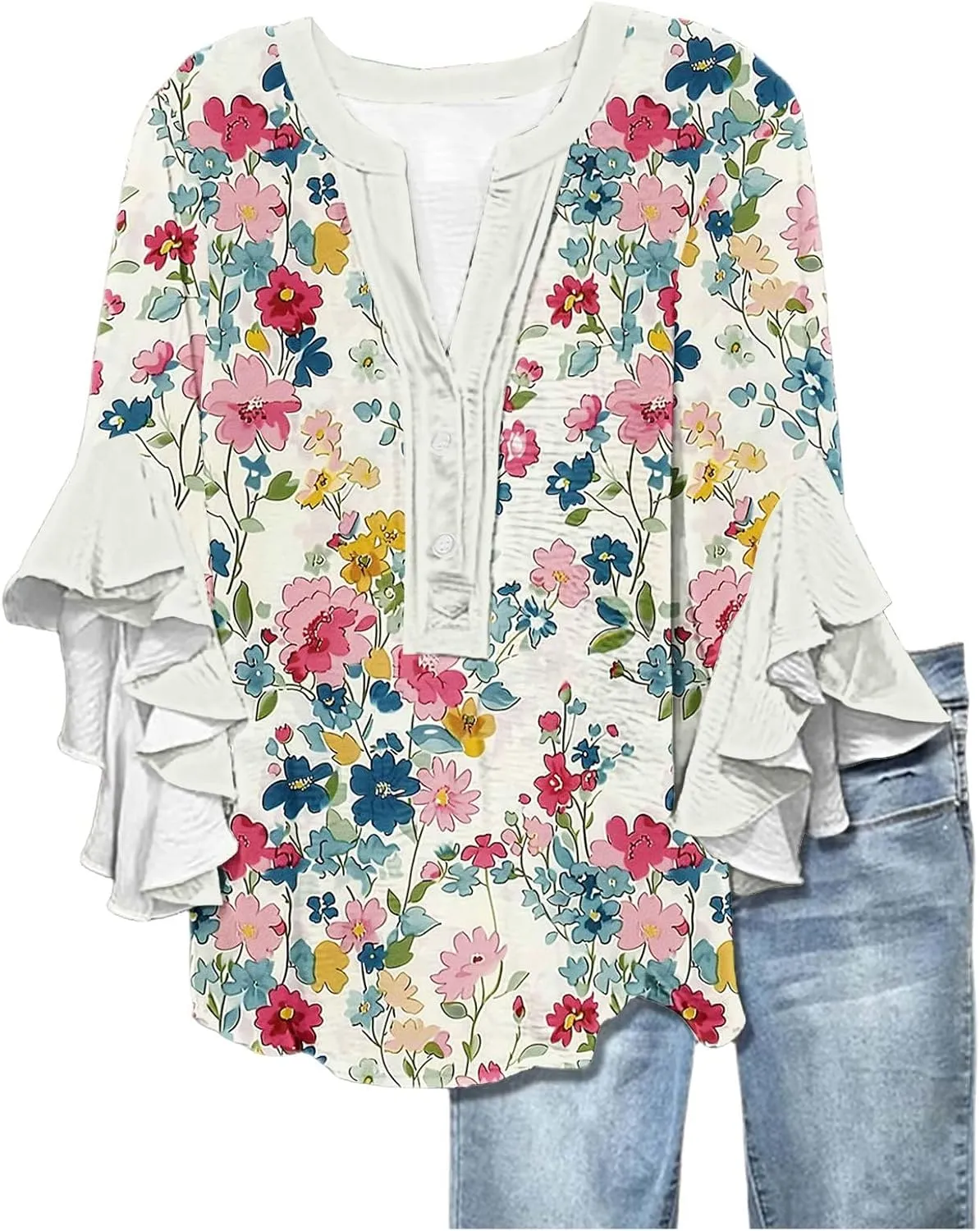 Women's Casual Boho Floral Print Tops Loose V Neck 3/4 Wave Bell Sleeve Flowy Shirts Summer Blouses for Women
