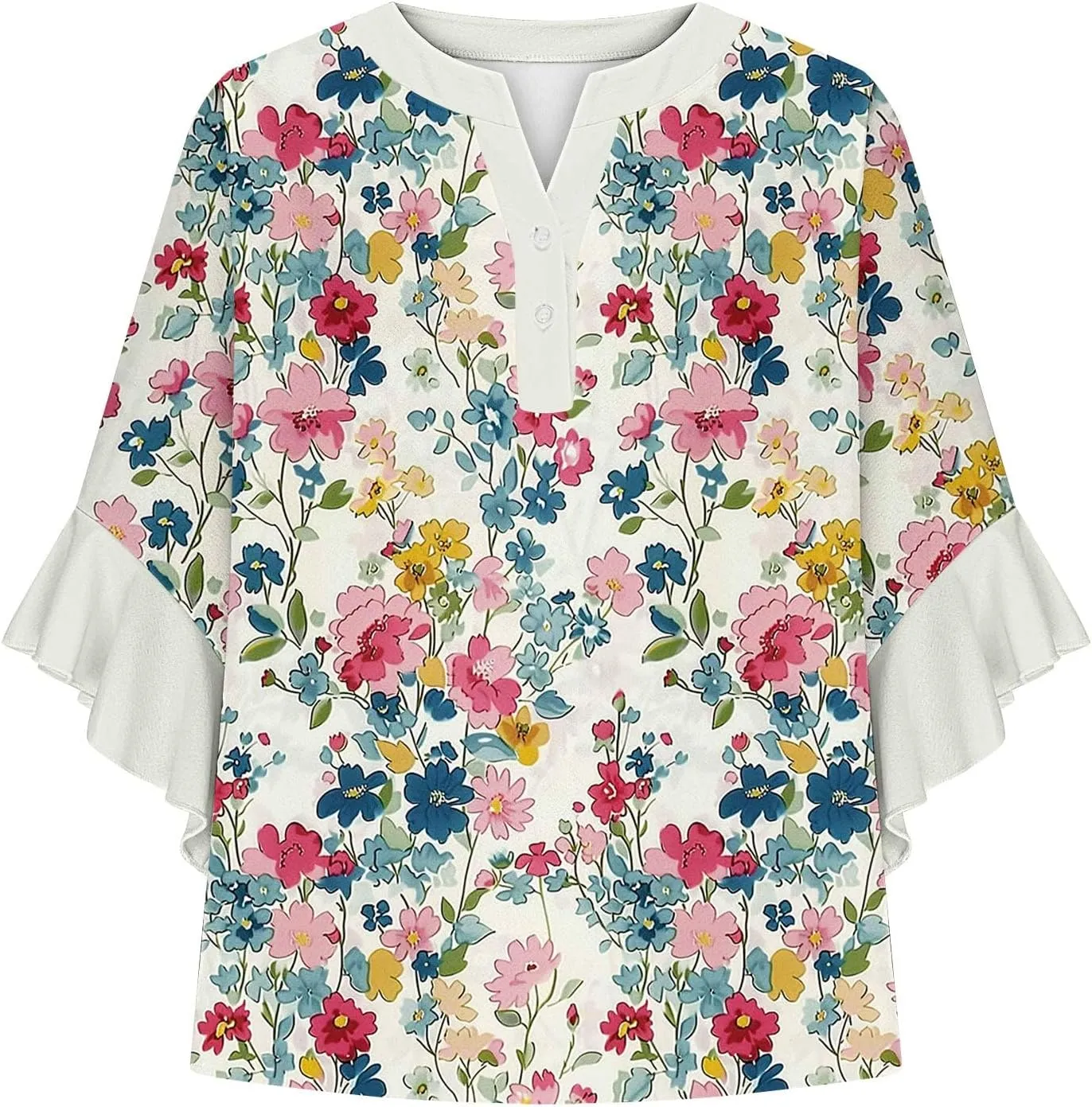 Women's Casual Boho Floral Print Tops Loose V Neck 3/4 Wave Bell Sleeve Flowy Shirts Summer Blouses for Women