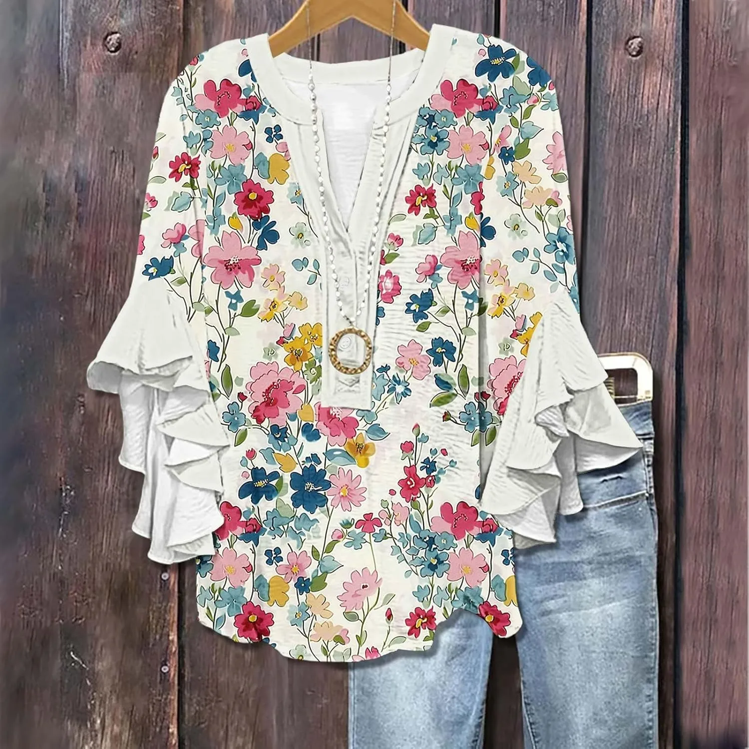 Women's Casual Boho Floral Print Tops Loose V Neck 3/4 Wave Bell Sleeve Flowy Shirts Summer Blouses for Women
