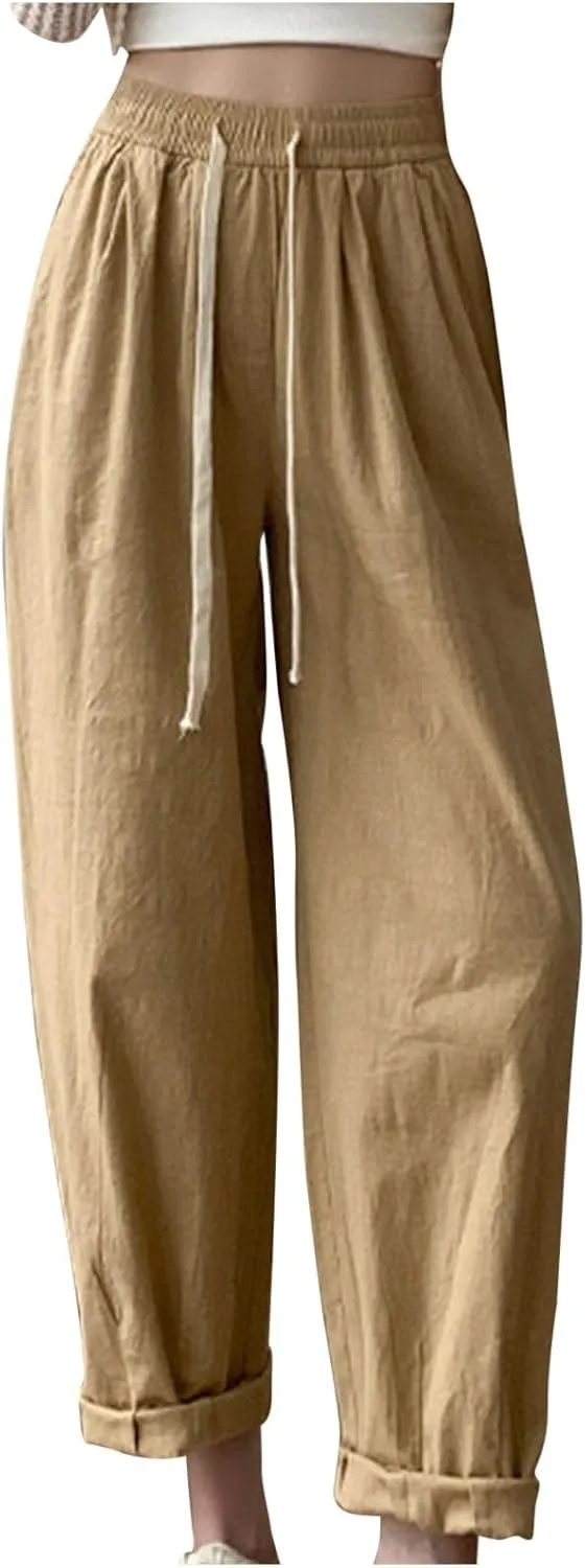 Women's Drawstring Waist Pants Soft Cotton Linen Trousers with Rolled Cuffs and Pockets Casual Loose Fit for Summer